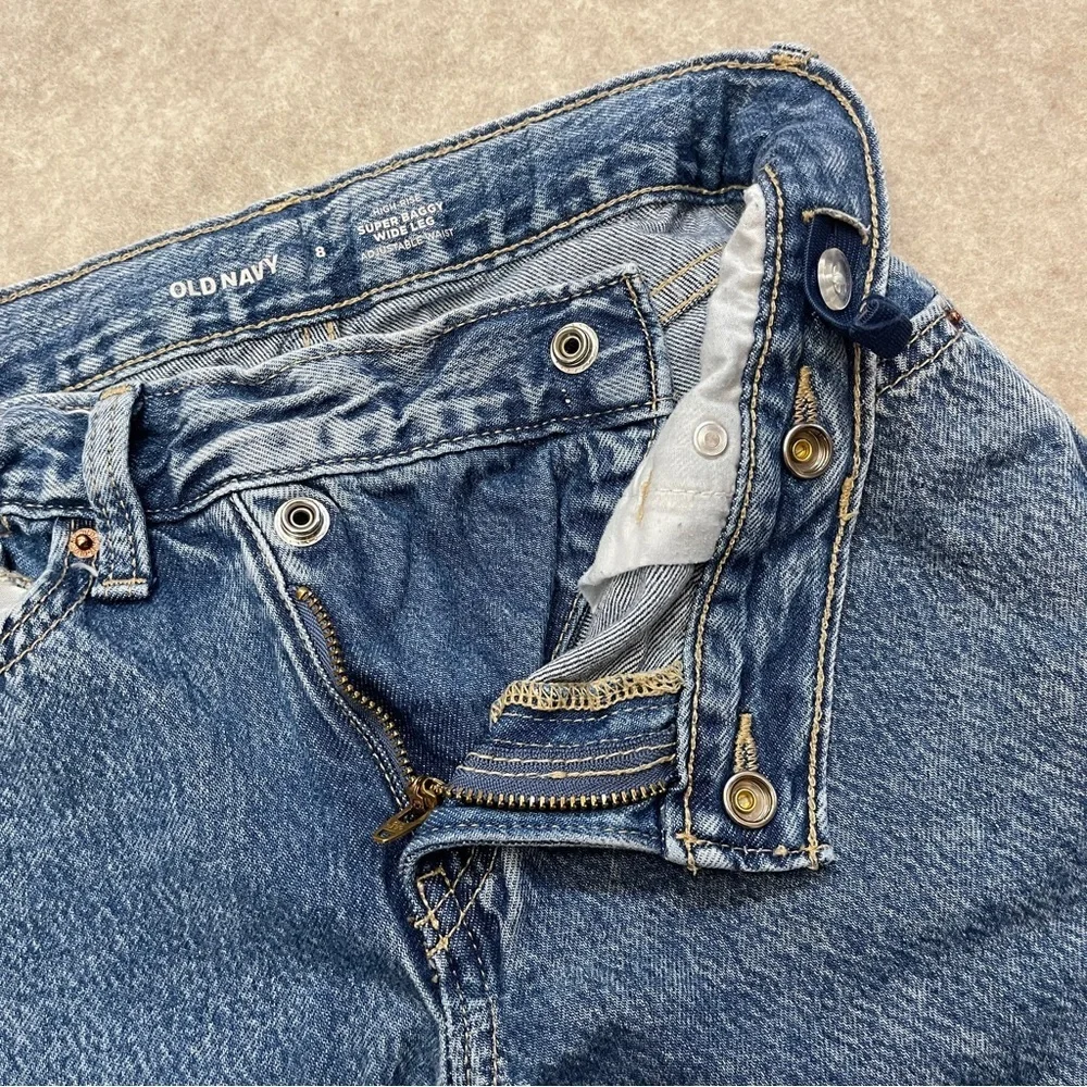 Old Navy High Rise Super Baggy Wide Leg Star Patch Denim Blue Jeans Girls size 8